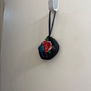Floral Embroidered Black Wristlet
